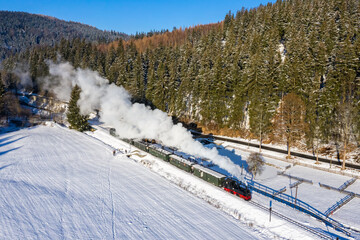 Sticker - Pressnitztalbahn steam train locomotive railway aerial view in winter in Schmalzgrube, Germany