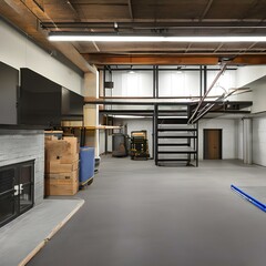 Wall Mural - Industrial basement with concrete floors and exposed ductwork1, Generative AI