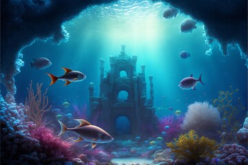 Wall Mural - under water ocean background landscape. Generative Ai