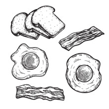 Hand Drawn Sketch Style Breakfast Ingredients Set. Toasted Bread Slices, Fried Eggs And Bacon. Best For Menu Designs And Packages. Vector Illustrations.