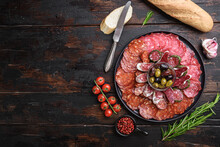 Antipasto Platter Cold Meat With Chorizo, Fuet,salami, Salchichon And Longaniza On Dark Wooden Background With Space For Text