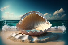 Large Open Clam Shell In Middle With Ocean Background. Generative Ai