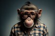 © Oleg - a monkey wearing glasses and a checkered shirt with a monkey's head in the background, with a pair of glasses on his head, and a dark background, a dark background. Generative AI
