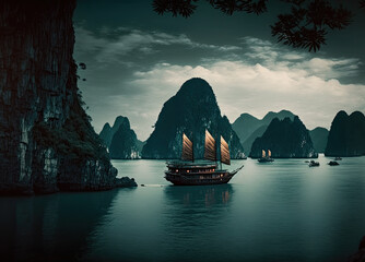 ha long bay at vietnam as travel scene created with Generative AI technology