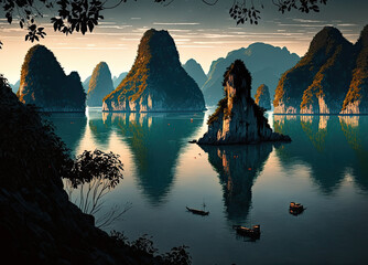 ha long bay at vietnam as travel scene created with Generative AI technology