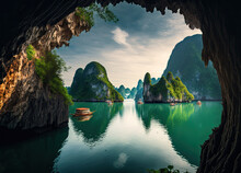 Ha Long Bay At Vietnam As Travel Scene Created With Generative AI Technology