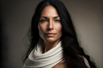 Close-up portrait of a beautiful middle-aged hispanic / latina woman with long hair and a white scarf on a dark background, not based on a real person, Generative AI