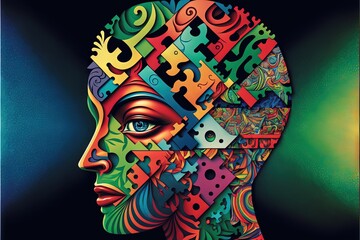  a colorful woman's face with a puzzle piece in the shape of a head on a black background with a green light behind it and a green background with a blue border with a. generative ai