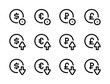 Currency and Money circulation line vector icons. Dollar, Euro, Ruble and British pound in a circle editable stroke outline icon set.