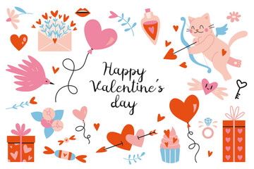 Wall Mural - Happy Valentine's Day set. Many various romantic objects like hearts, balloons, cupid, gifts and sweets, cartoon style. Trendy modern vector illustration isolated on white, hand drawn, flat