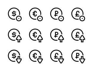 Wall Mural - Currency and Money circulation line vector icons. Dollar, Euro, Ruble and British pound in a circle editable stroke outline icon set.