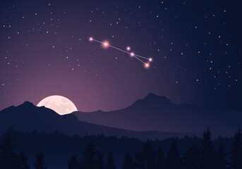 Wall Mural - vector constellation sagitta in dark purple, starry sky. misty hills, rising moon, dark forest, moun