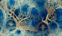 Extremely Detailed Flowing Mycelial Growth Vintage Blue Intricate Neural Network Glowing Mycelium9 Seamless Repeating Fungal Pattern Paisley Turbulence Cold Press Watercolor Tricolor Oliveteal Style 