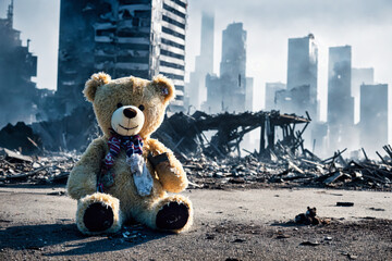 closeup of dirty left alone teddy bear with a cotton ribbon around his neck in the middle of through war destroyed city some building ruins in back with smoke and fog in background, generative AI