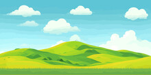 Vector Illustration Of Beautiful Summer Fields Landscape, Green Hills, Bright Color Blue Sky, Country Background In Flat Cartoon Style