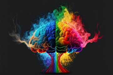 Generative AI illustration of head rainbow brain colorful explosion in colored smoke, change the chip