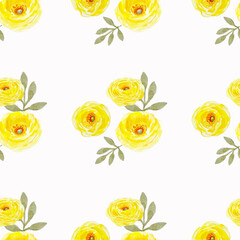 Watercolor seamless flora pattern with yellow ranunculuses and leaves for wallpaper, fabric, decor