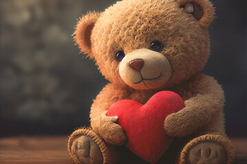 Wall Mural - Teddy bear holding a red heart-shaped pillow in his hands with blurred background with Generative AI technology