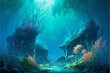 Colorful sea background with blue water boulders and seaweed in cartoon style.AI generated.