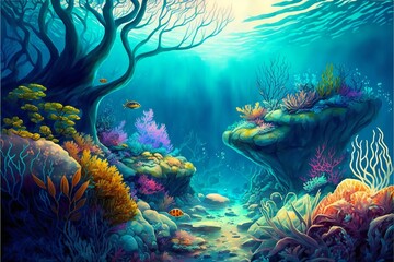 Fototapete - Colorful sea background with rocky bottom, boulders, algae and corals in a watercolor style. AI generated.