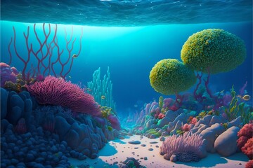 Fototapete - Colorful marine background with blue clear water boulders, algae and corals in a watercolor style. AI generated.