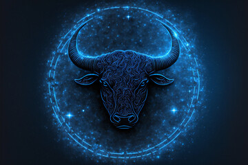 Taurus horoscope sign in a glowing circle in the starry sky.AI generated.