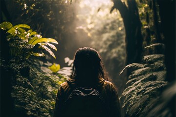 hiking woman in tropical jungle backpacker, travel adventure, Generative AI