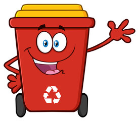 Wall Mural - Happy Red Recycle Bin Cartoon Mascot Character Waving For Greeting. Hand Drawn Illustration Isolated On Transparent Background