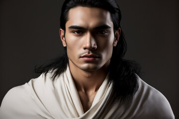 Poster - Close-up portrait of a handsome young native american / indigenous man with long hair on a dark background, not based on a real person, Generative AI