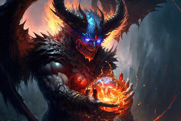 Wall Mural - a demonic creature holding a glowing ball of fire, fantasy, concept art illustration 