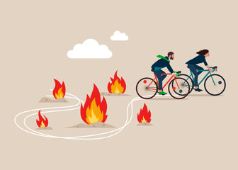 Business Team with Bicycle  pass many fire to achieve business success. Avoid pitfall, adversity and brave to around pass mistake or business failure