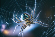  A Spider With A Blue And Yellow Face On Its Back In A Web Of Water Droplets On Its Web Of Webs, With A Blurry Background Of A Blue Sky And A Purple Light.