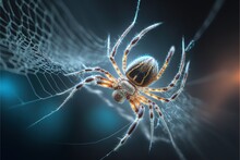  A Spider Is Sitting On A Web Of Webs In The Dark Night Sky, With A Glowing Orb - Like Object In The Center Of The Web, And A Glowing Orb - Like Object In The Foreground.