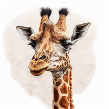  A Giraffe With A Long Neck And A Long Tongue Sticking Out Of It's Mouth, With A White Background And A White Backdrop With A Brown Spot In The Middle Of The Neck.