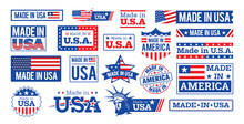 Red And Blue Colored Large Set Of Made In USA Labels, Emblem, Sticker, And Signs, With The Statue Of Liberty. Vector Illustration.
