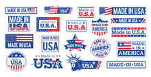 Red And Blue Colored Grunge, Vintage, Large Set Of Made In USA Labels, Emblem, Sticker, Signs, With The Statue Of Liberty. Vector Illustration.
