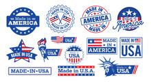 Collection Of Red And Blue Made In The USA Label, Stickers, Stamps, Symbols, And Tags With The Flag Of America And The Statue Of Liberty.
