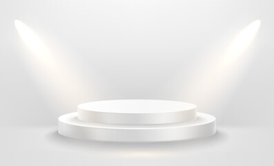 Poster - White empty stage illuminated with bright projectors. 3d vector 