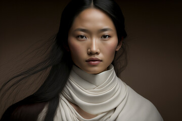 Poster - Close-up portrait of a young beautiful Tibetan / Asian woman with long windswept hair on a dark background, not based on a real person, Generative AI