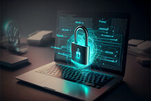 Cybersecurity Illustration With High-tech Padlock Protecting A Laptop Computer In HD 3D And Electronic Online Information Symbols/graphics.