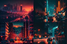  A Series Of Three Photos Of A City At Night And A City Street At Night With Cars Driving On It At Night And A City Street With Lights At Night Time With Buildings And Traffic.  Generative AI