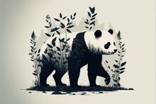  A Panda Bear Walking Through A Forest Filled With Trees And Plants On A Gray Background With A White Border Around It And A Black And White Border Around The Image Of The Panda Bear.  Generative AI