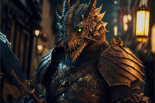 dragon man with armor, warrior creature