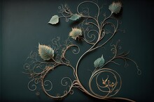  A Decorative Wall Hanging With Vines And Leaves On A Green Wall Background With A Black Background And A Gold Frame With A White Flower And Green Leaves On The Top Of The Bottom.  Generative AI