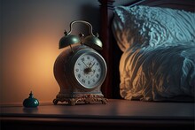  A Small Clock Sitting On A Table Next To A Bed With A Pillow On It And A Night Stand With A Lamp On It Next To It And A Bed With A Pillow On The.  Generative AI