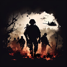 Military War Combat Warzone Silhouette Army Soldiers Generative Ai
