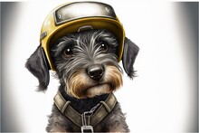  A Dog Wearing A Helmet And A Chain Around Its Neck Is Looking At The Camera With A Sad Look On Its Face And Eyes, While Sitting Down To The Side, With A White Background.