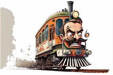  A Cartoon Train With A Man's Face On The Front Of It's Car And A Train Engine Behind It, With Smoke Coming Out Of The Car And A Man's Mouth.