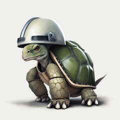  a turtle wearing a helmet and a helmet on its head is standing on one foot and is looking at the viewer with a concerned look on its face, while the other hand, on. Generative AI