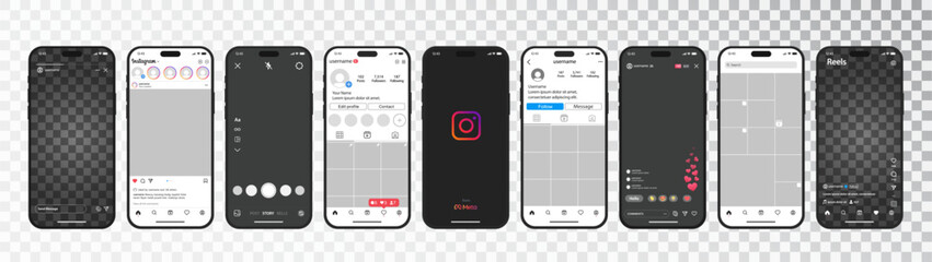 Instagram Social Media Vector Mockup. Template with Reels, Live and Stories. iPhone 14 template with transparent screen. Editorial vector.